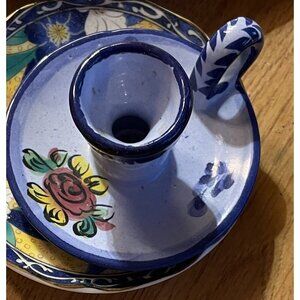 Pottery-Portuguese Pottery Floral Candlestick Holder Vintage